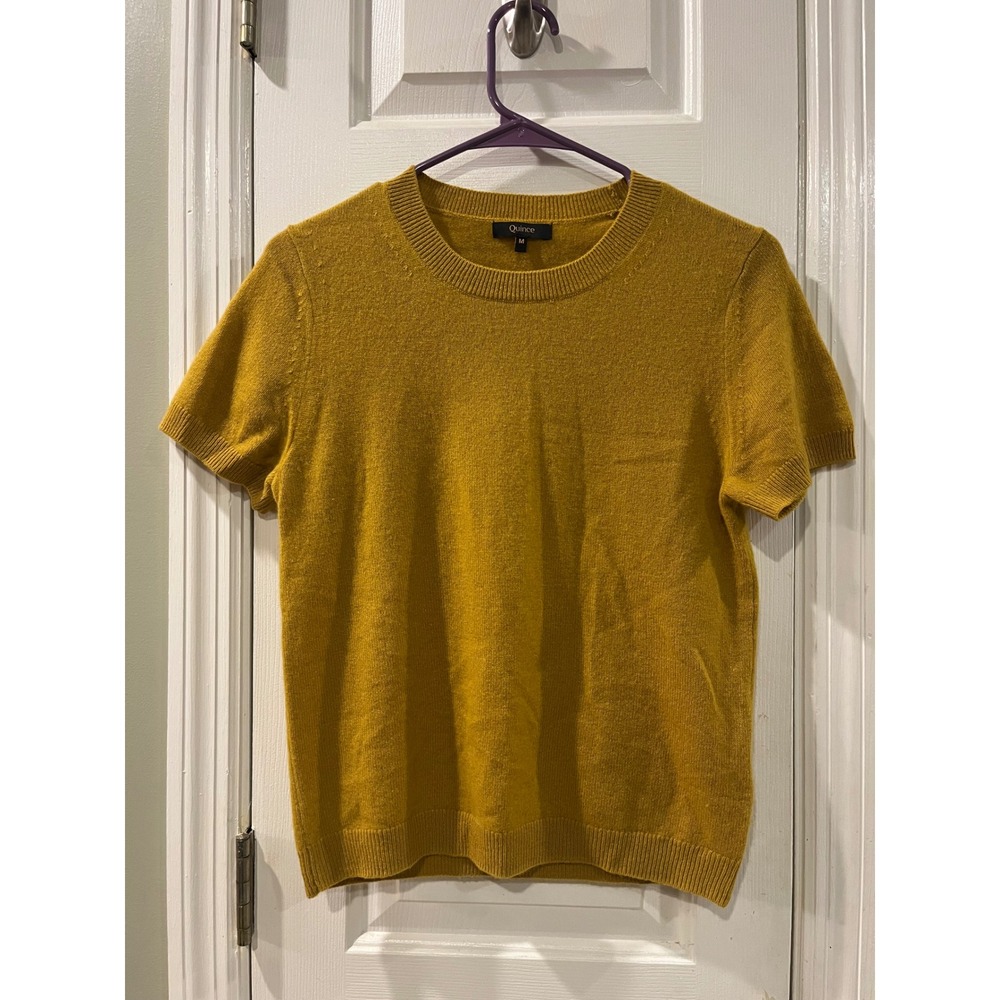 Quince Mongolian Cashmere Short Sleeve Crew Neck Sweater Mustard Yellow M